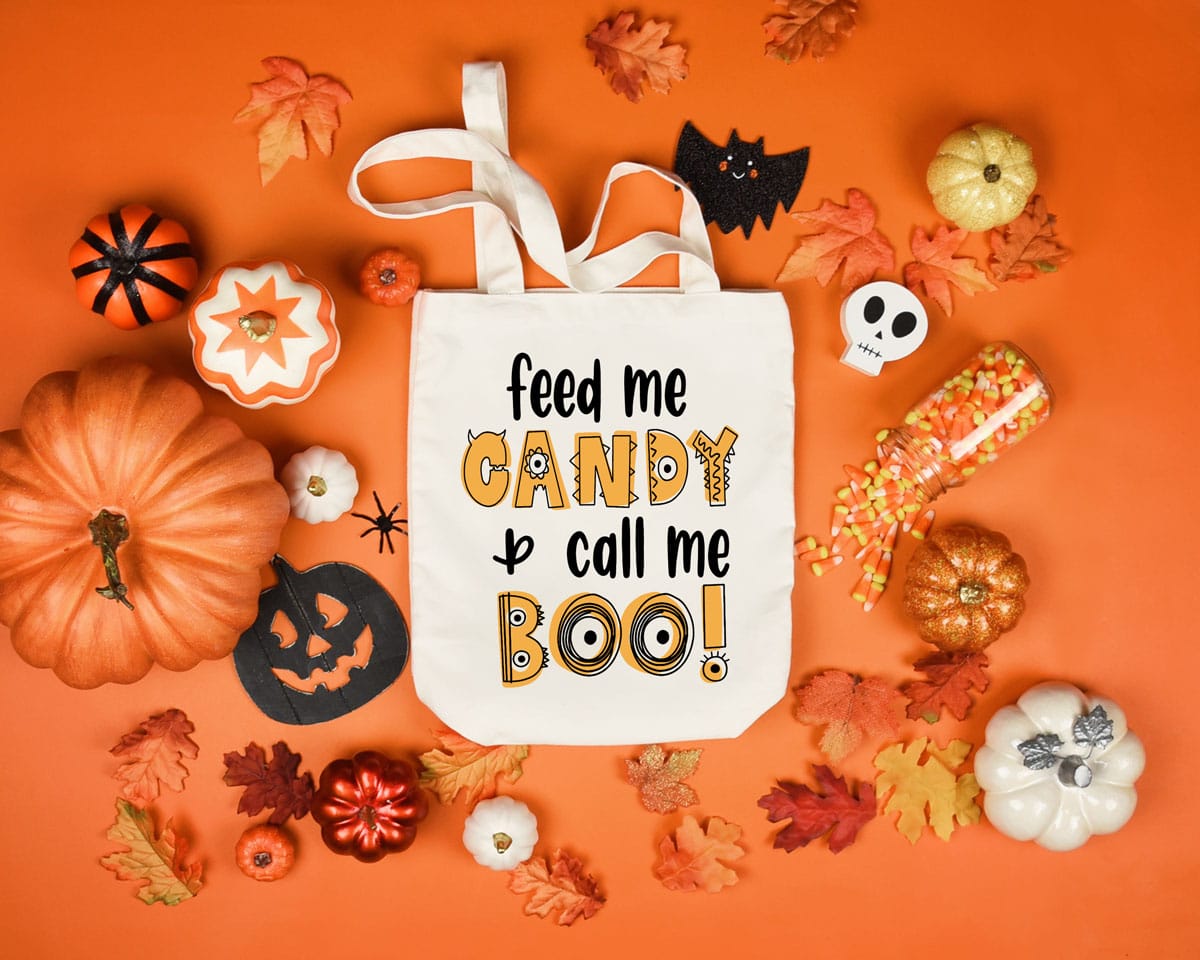 Halloween-candy-bag homemade halloween candy tote that says feed me candy and call me boo